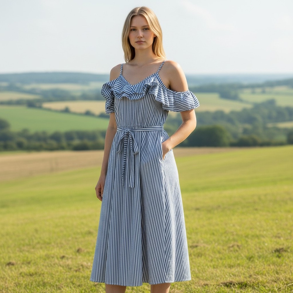 Blue White Striped Ruffle Cold Shoulder Midi Dress with Pockets and Belt